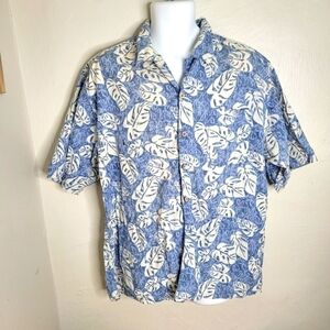 Op Tropical Palm Leaves Hawaiian Print Camp Shirt Men's Large Blue